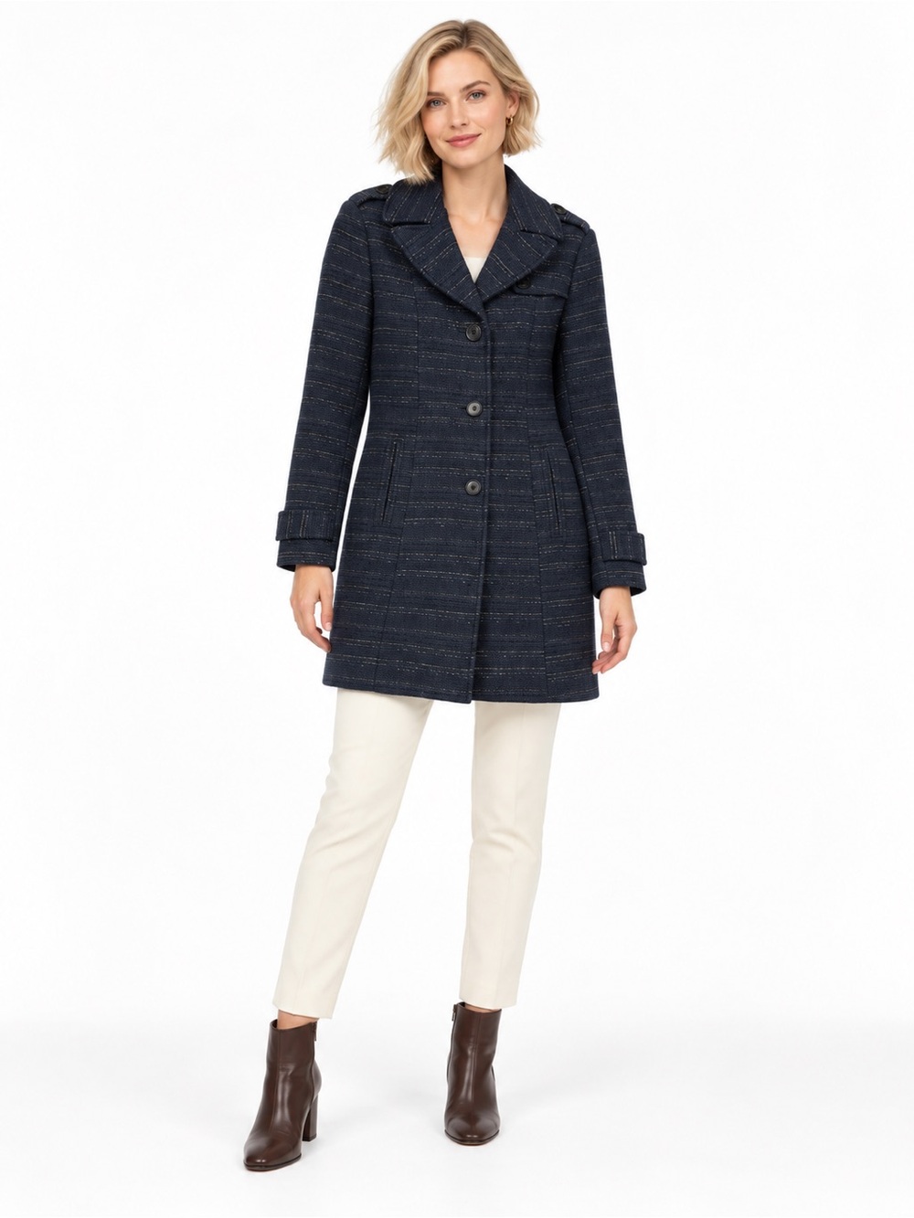 Kenneth Cole NY Metallic Wool Blend Swing Coat Navy Gold Fleck Dress Coat - 16